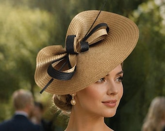 Sombrero color camel para el Derby de Kentucky, tocado de plumas para el día de la carrera, tocado veraniego para el sol, lazo bicolor, accesorio para el cabello de color natural, sombrero elegante color beige