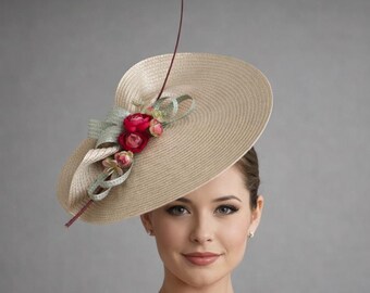 Champagne flower fascinator outdoor wedding hat raspberry color statement wine red quill headpiece floral ascot hairpiece high tea luncheon