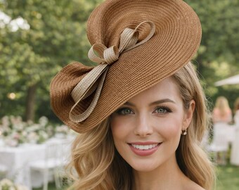 Elegant Cream Feather Fascinator Champagne Headband Weddings, Tea Champagne Beige Flower Fascinator Headband, Silk Ruffle  main image 4