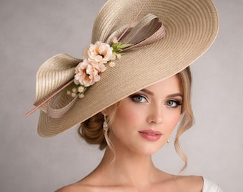 Champagne flower fascinator outdoor wedding hat pink beige royal ascot statement ostrich feather headpiece blush floral hairpiece high tea