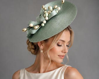 Sombrero dorado y verde para el Derby de Kentucky, tocado de boda para mujer, tocado esculpido en color salvia, sombreros para fiestas de té, ocasiones especiales, con huevos.