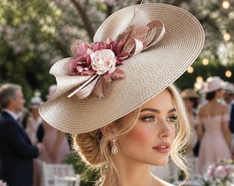 Champagne blush fascinator beige wedding guest hat ivory ascot statement cream floral headpiece off white flower hairpiece dusty pink fedora