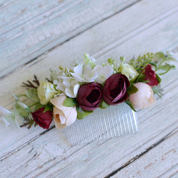 Deep red hair comb, Burgundy wedding, Deep red hair flower, Bridal hair comb, Wedding hair comb, Cream red hair comb, Red rustic hair comb