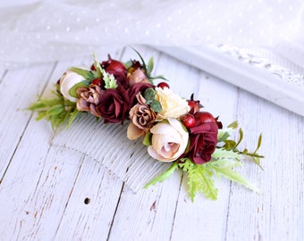 Deep red hair comb, Burgundy hair comb, Wine red hair flower, Red bridal comb, Woodland hair comb, Rustic hair comb, Floral hair comb roses