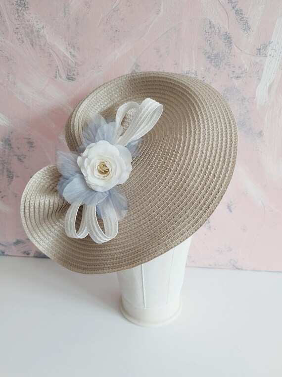 Ice Blue Beige Race Day Hat Cream Floral Wedding Hat Beige  display picture 1