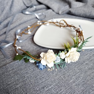 blue white floral crown bridal flower crown roses flower girl dainty hair wreath berry bride delicate hair piece easter girl halo photo prop