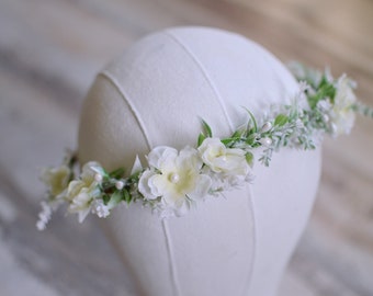 White Floral crown, Eucalyptus crown, Bridal flower crown, Mint green wedding crown, Cherry blossom crown, Rustic hair crown, Wedding wreath