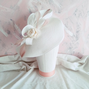 Dusty pink and white wedding hat kentucky derby fascinator feather race day hat elegant royal ascot high tea party hat ivory floral hat