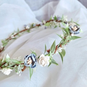 soft blue floral crown bridal blue greenery crown rose flower girl halo dainty hair wreath delicate bridal hair piece  blue wedding crown