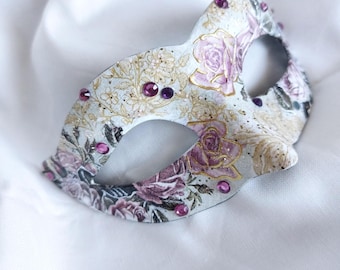Máscara veneciana de oro púrpura, bola de Venecia, cara de dominó, fiesta de mascarada, diamantes de imitación, máscara facial rosa, máscara de gala para mujer, accesorio para noche de ópera.