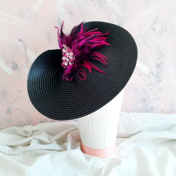 Black Kentucky Derby Hat Magenta Pink Feather Fascinator  display picture 1