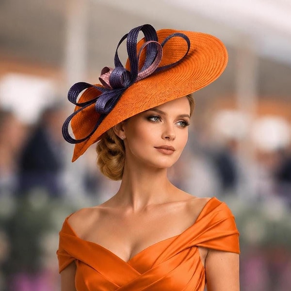 large purple orange kentucky derby hat womens oversized bow fascinator wedding guest headpiece ladies race day plum statament summer party