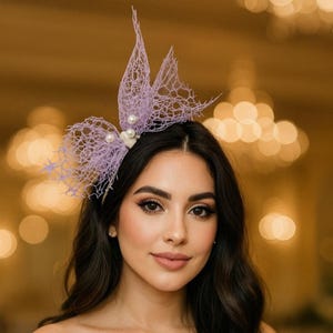 lilac fascinator pearls soft purple minimalist headband netting wedding fascinator lavender headband elegant headpiece prom fascinator