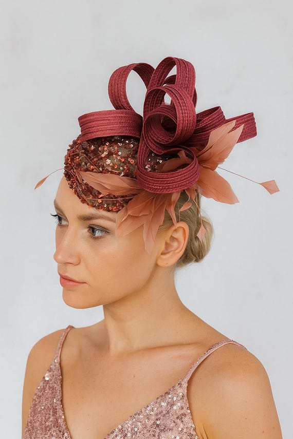 Womens Wine Red Feather Fascinator Burgundy Sequin Hat Shiny  display picture 2