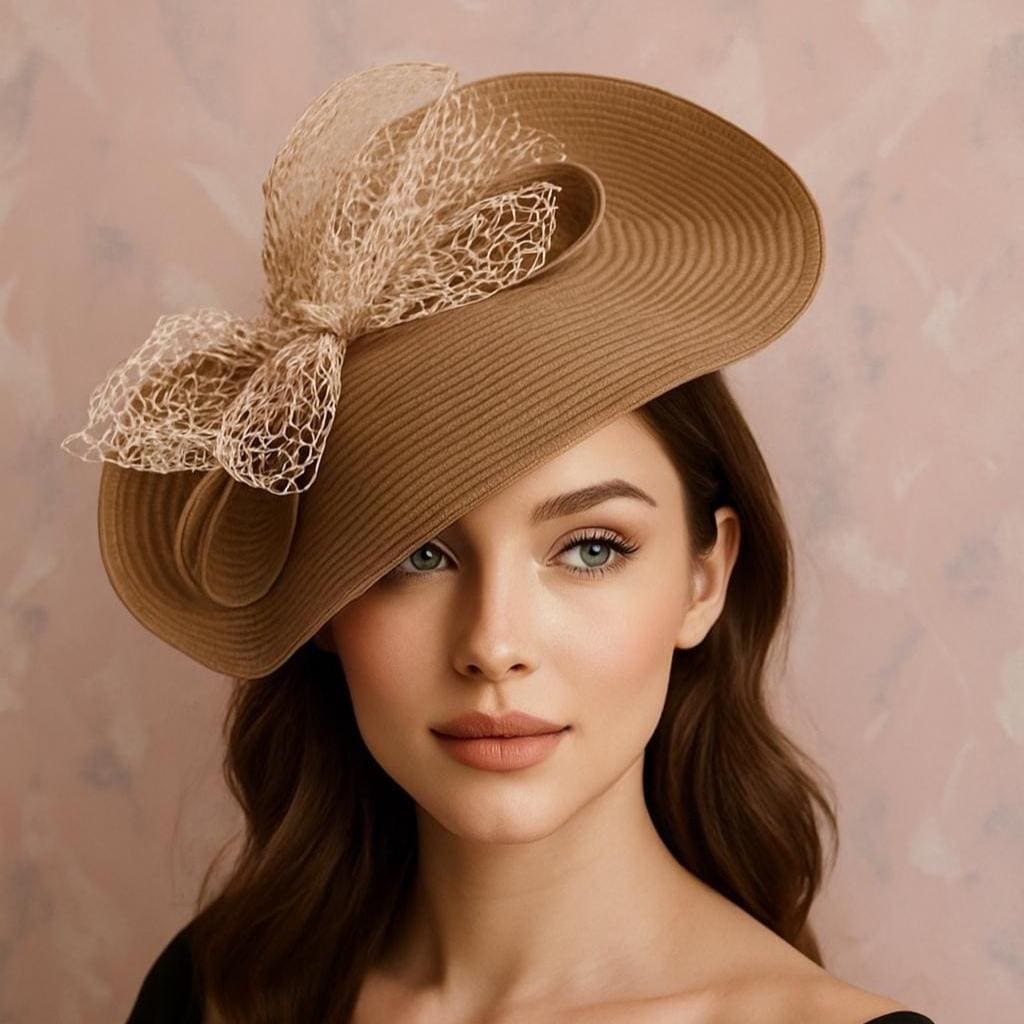 beige bow Kentucky derby hat beige ascot fascinator camel wedding hat womens rustic hat garden party hat country wedding hat natural color
