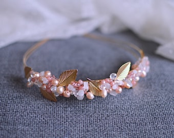 Crystal tiara, Pearl hair crown, grecian tiara, Blush bridal crown, Leaf tiara, Blush Wedding tiara, Prom tiara, Gold Leaf headband,