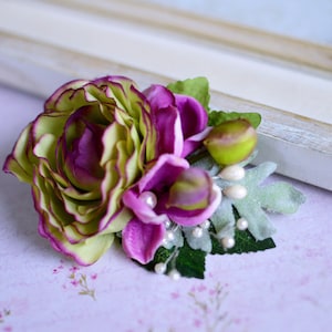 Purple hair flower, Lime purple hair clip, Purple bridal hair clip, Spring wedding flower, Rustic hair flower, Woodland hair flower, Pearls
