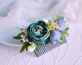 Turquoise hair comb, Blue hair comb, Rustic hair comb, Bridal hair comb, Floral hair comb, Blue hair accessories, Blue hair clip, Succulents