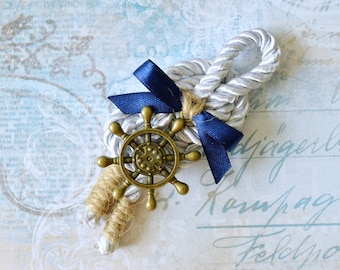 Nautical wedding boutonniere, Anchor boutonniere, Rudder lapel pin, Groom, Groomsmen, Buttonhole, Beach wedding, Lapel Pin, Rope