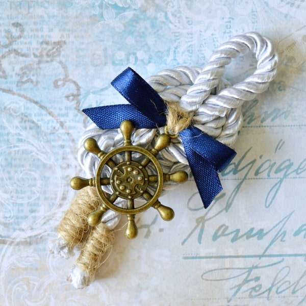 Nautical wedding boutonniere, Anchor boutonniere, Rudder lapel pin, Groom, Groomsmen, Buttonhole, Beach wedding, Lapel Pin, Rope