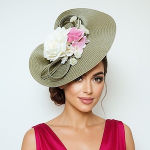 wedding hat sage green floral garden party hat womens special event hat outdoor wedding fascinator large ascot hat elegant high tea party