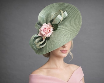 Tocado verde menta para invitada de boda, tocado de rosas rosas, tocado floral para mujer, tocado de flores de primavera, tocado para eventos especiales, almuerzo.