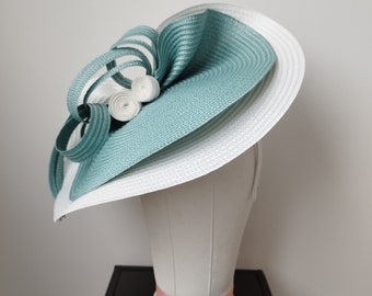 Turquoise derby hat, Blue white hat, Races hat, Blue ascot hat, Church hat, Blue kentucky derby hat, Aqua derbz hat, Garden party hat