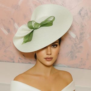 white green Kentucky derby hat elegant wedding hat simple design ascot fascinator mom of bride hat tea party hat special event hat race day