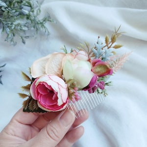 Floral Hair Comb Pink Peach Wedding Hair Accessory Boho Bridal Hairpiece Garden wedding hair comb bridal natural hair rustic style headpiece