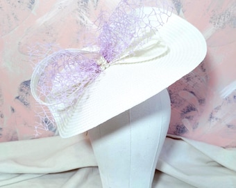 wedding hat lilac white Kentucky derby hat elegant race day hat lavender royal ascot fascinator bow netting hat with pearls garden party hat