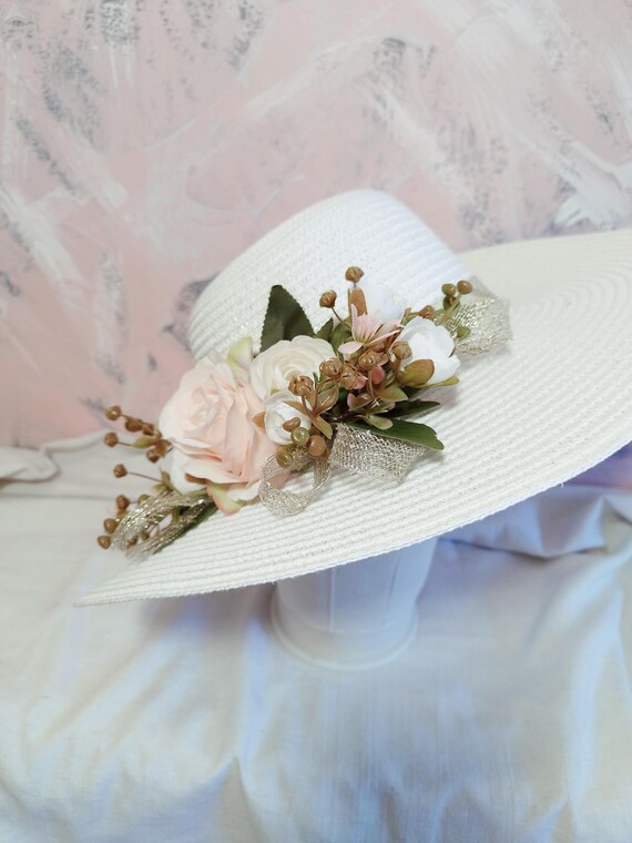 Cream Wide-Brimmed Hat with Floral Accents Edwardian Wide-brimmed Hat: Cream Floral Tulle, Historic  main image 3