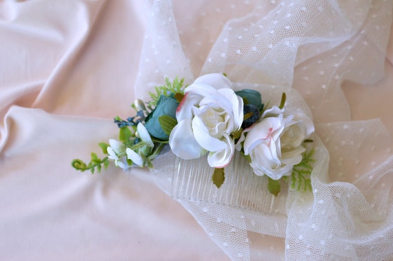 Steel Blue Hair Flower Blue White Hair Comb Wedding Hair Etsy