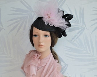 Pink Black kentucky derby hat, Black couture hat, Black ascot hat, Races hats for women, Derby hat, Black Wedding hat, Couture hat, Tulle