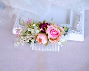 Pink flower hair comb, Bridal hair comb, Wedding hair comb, Outdoor wedding comb, Flower hair comb, Spring hair comb, Wedding hair flower