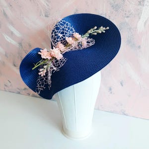 blue pink fascinator hat for woman royal blue Kentucky derby hat luncheon hat navy blue wedding hat mother of groom hat tea party hat races