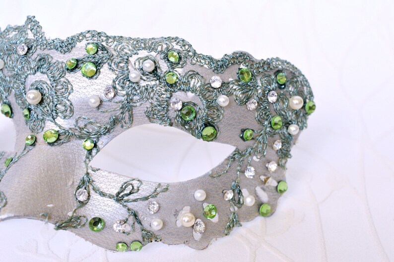 Sage green crystal ball mask Green lace mask Couture mask Rhinestone mask Venetian Masquerade mask with pearls OOAK mask Silver mask