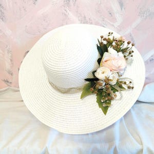 White summer wedding hat boho festival hat with gold accenst floral hat oversized summer hat womens photo shoot hat luncheon hat narural