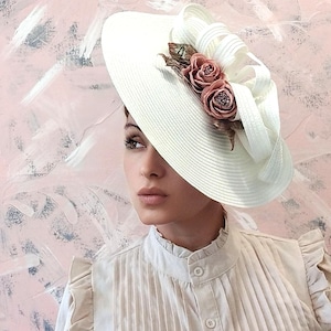 White derby fascinator, white ascot hat, kentucky derby hat, Formal hat with roses, mother of bride hat, ascot fascinator, womens races hats