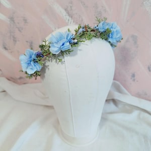 blue flower crown bridal boho floral headpiece festival hair accessory wedding halo fairy costume wreath renaissance cosplay garden party