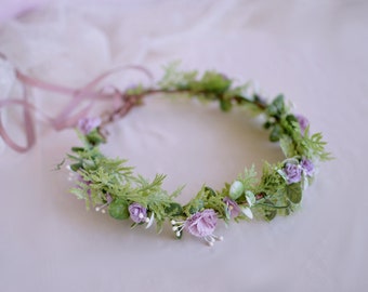 Purple flower crown, Purple bridal crown, Purple wedding wreath, Romantic floral crown, Woodland hair wreath, Lilac floral crown, Roses