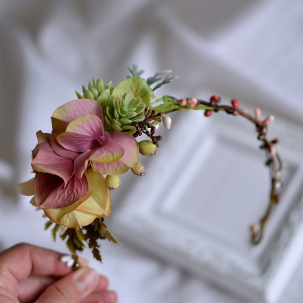 Blush floral half crown, Succulent crown, Woodland crown, Blush bridal crown, Pink hair wreath, Pink floral crown, Pink flower hair crown,