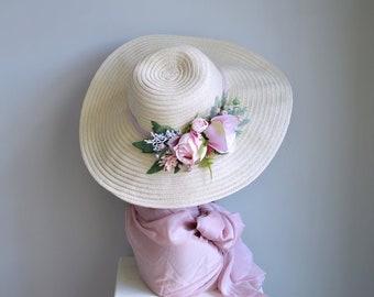 kentucky derby hat, Pastel straw hat, Large floral hat, Summer hat with flowers, large beach hat, Women easter hat, Dusty pink hat, Boho hat