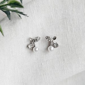 Silver Crystal Cherry earrings Cherry studs jewelry flower girl gift dainty earrings for girls tiny fruit earrings delicate bridal studs