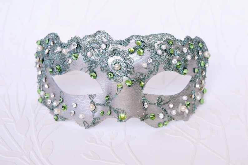 Sage green crystal ball mask Green lace mask Couture mask Rhinestone mask Venetian Masquerade mask with pearls OOAK mask Silver mask