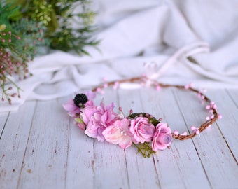 Pink floral crown, Pink flower crown, Pink bridal crown, Flower girl crown, Pink wedding crown, Wedding floral wreath, Blackberry crown