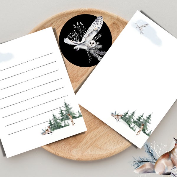 woodland, winter, deer, fox, owl, stationary, personal stationery, US Ltr and H, Lined, Unlined, journal page, note paper, forest, Printable