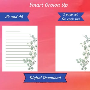 May include: Two printable pages of lined stationery with a eucalyptus branch design. The pages are in A4 and A5 sizes. The text "Smart Grown Up" and "2 page set for each size" is at the top of the image. The text "Digital Download" is at the bottom of the image.