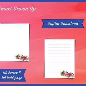 Gift for her, Digital, US Ltr, US Half, Watercolor roses, minimalist, stationery, journal page, memo, notes, pen pal, lined, Unlined