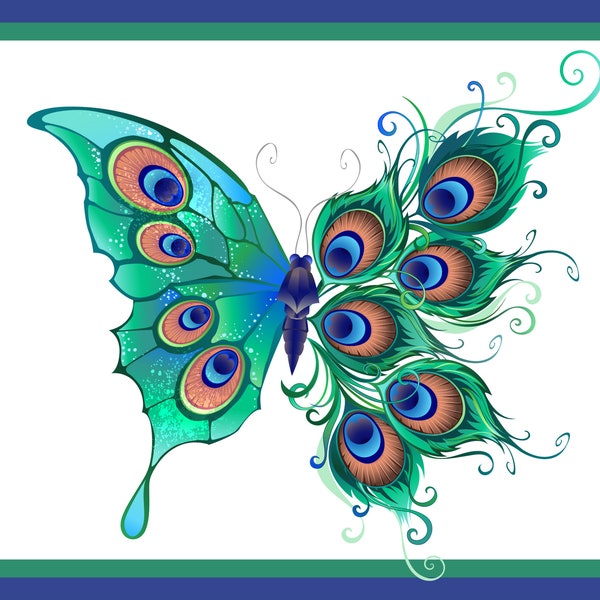 Peacock motif into a butterfly, infinity sign, US Ltr, US H, Lined Unlined Statement Stationery, Memos, to-do-list, pen pal, journal, notes