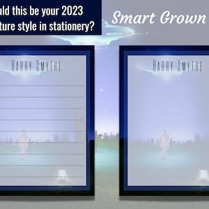 May include: Two stationery designs with a blue frame and a night sky background. The top of each design says "Smart Grown Up" and "HARRY SMYTHE".